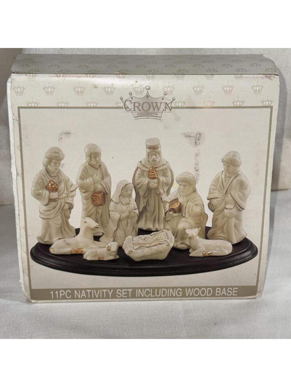 Porcelain Nativity Set Gold Accents Wood Base Holiday Tradition Minimalist